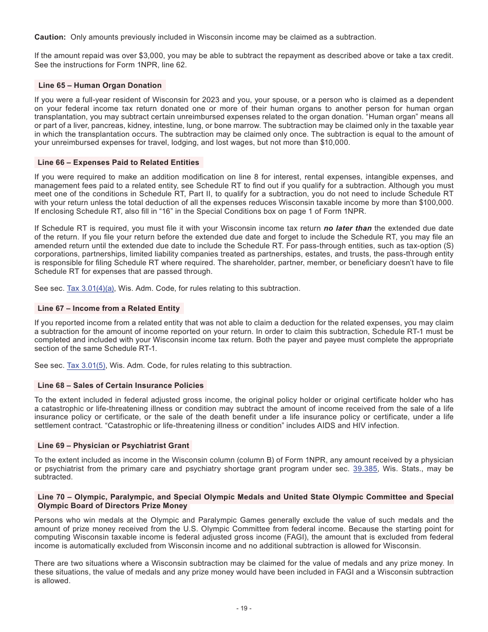 Instructions for Form I-053I Schedule M Additions to and Subtractions From Income - Wisconsin, Page 19