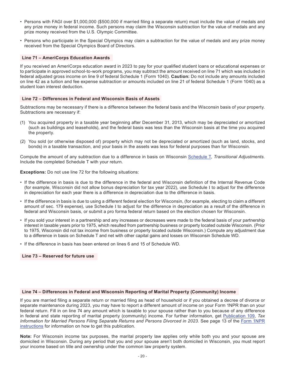 Instructions for Form I-053I Schedule M Additions to and Subtractions From Income - Wisconsin, Page 20