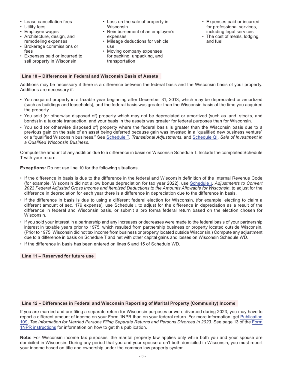 Instructions for Form I-053I Schedule M Additions to and Subtractions From Income - Wisconsin, Page 3