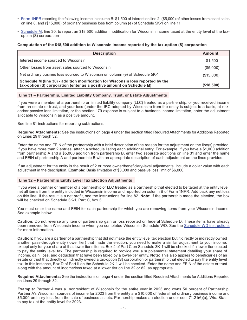 Instructions for Form I-053I Schedule M Additions to and Subtractions From Income - Wisconsin, Page 6