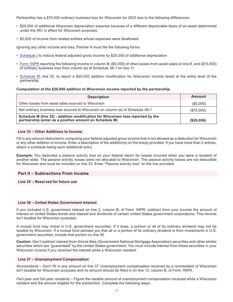 Instructions for Form I-053I Schedule M Additions to and Subtractions From Income - Wisconsin, Page 7