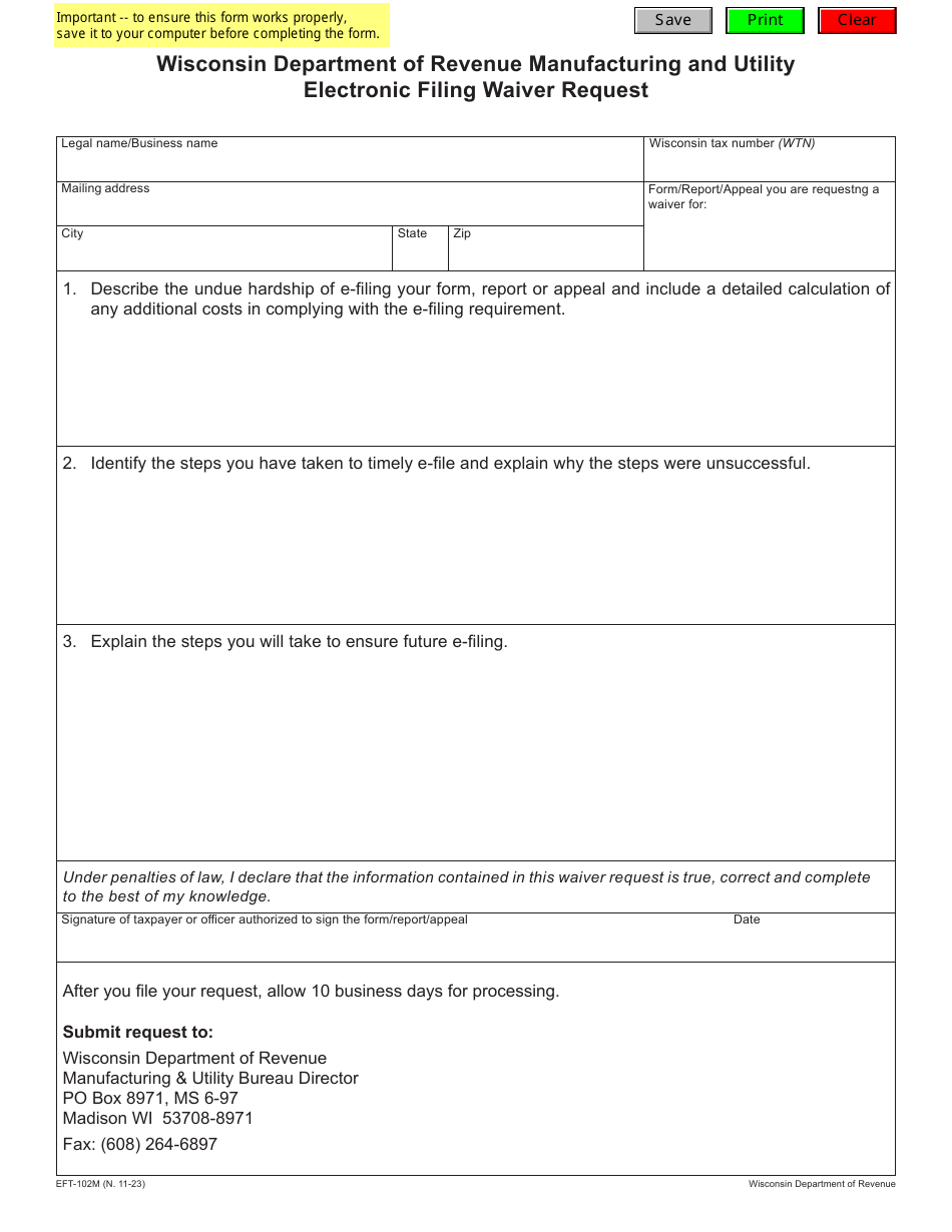 Form EFT-102M Wisconsin Department of Revenue Manufacturing and Utility Electronic Filing Waiver Request - Wisconsin, Page 1