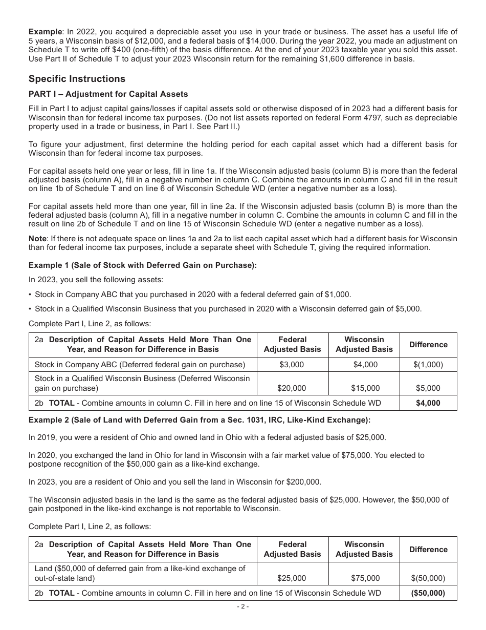 Instructions for Form I-019 Schedule T Transitional Adjustments - Wisconsin, Page 2