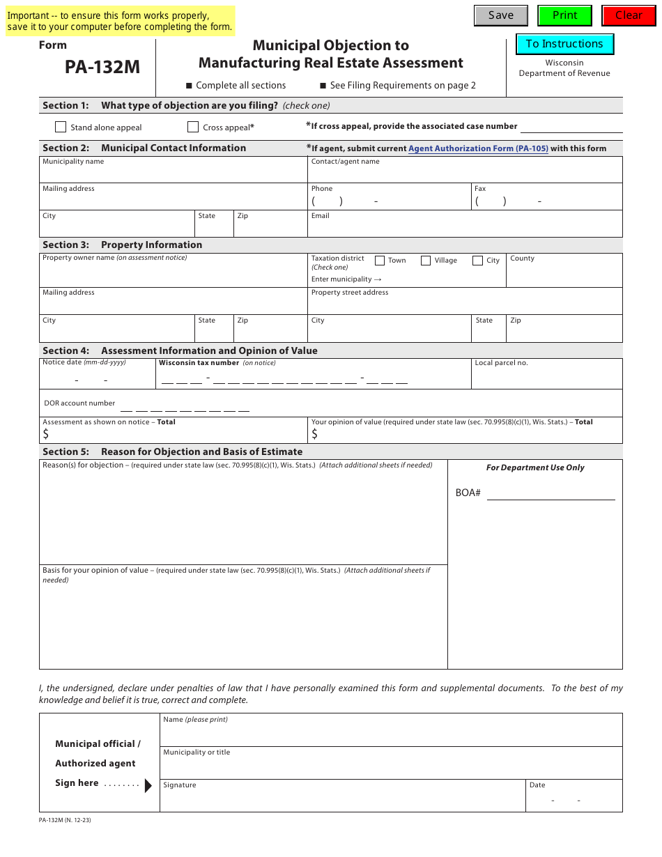 Form PA-132M Municipal Objection to Manufacturing Real Estate Assessment - Wisconsin, Page 1