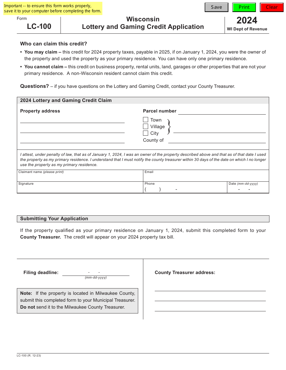Form LC-100 Lottery and Gaming Credit Application - Wisconsin, Page 1