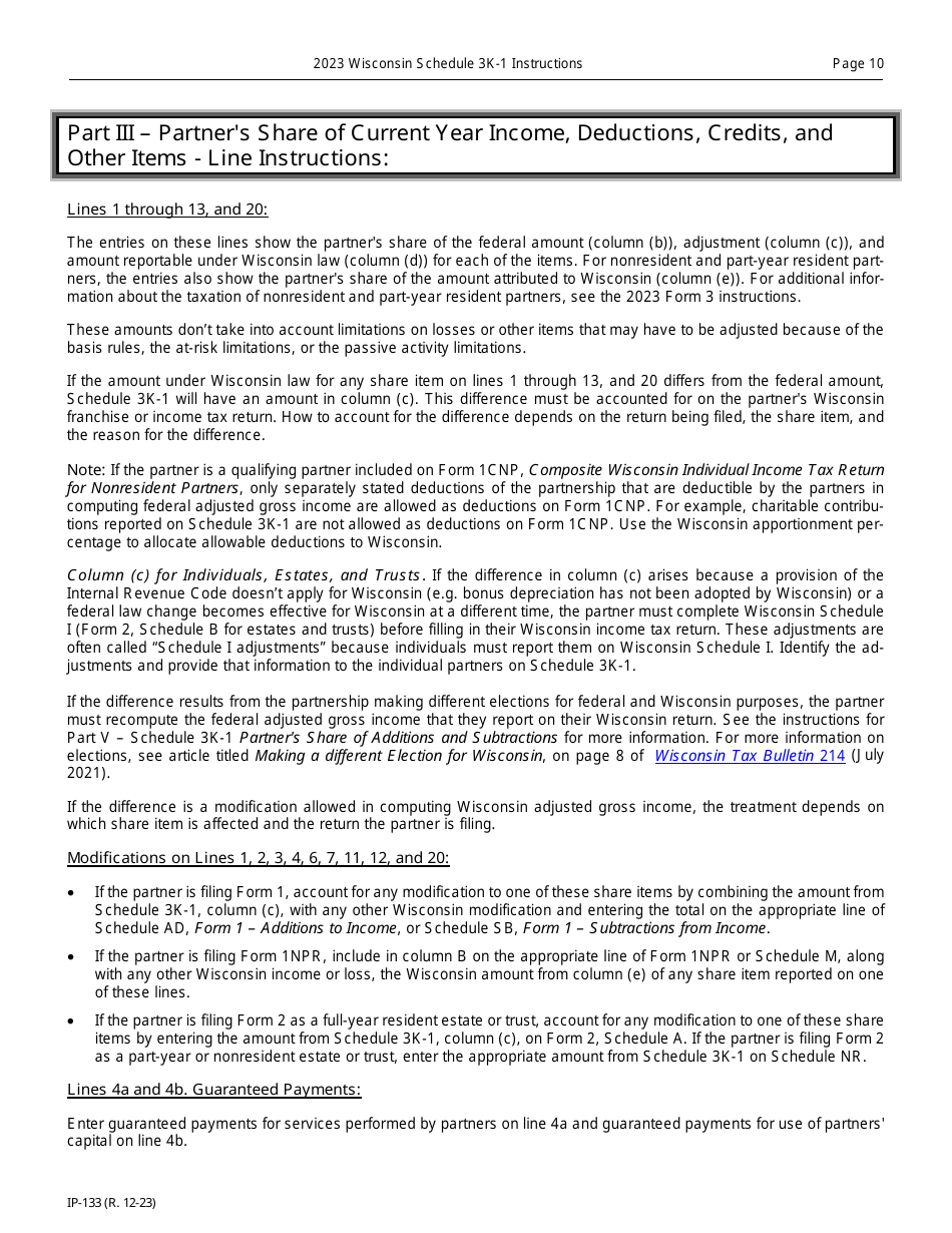 Instructions for Form IP-032 Schedule 3K-1 Partners Share of Income, Deductions, Credits, Etc. - Wisconsin, Page 10