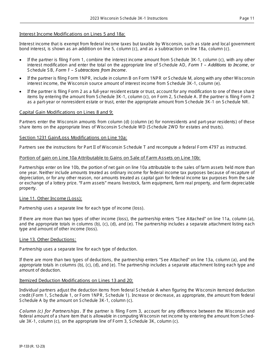 Instructions for Form IP-032 Schedule 3K-1 Partners Share of Income, Deductions, Credits, Etc. - Wisconsin, Page 11