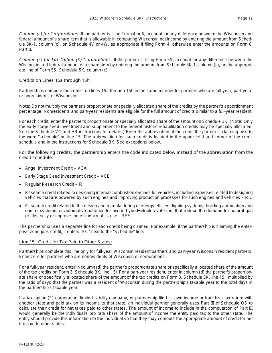 Instructions for Form IP-032 Schedule 3K-1 Partners Share of Income, Deductions, Credits, Etc. - Wisconsin, Page 12