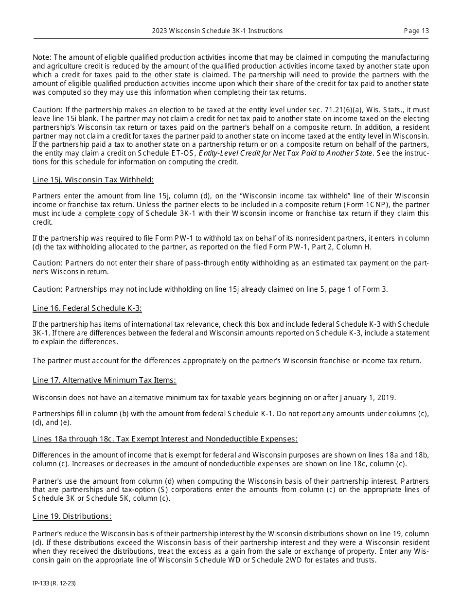 Instructions for Form IP-032 Schedule 3K-1 Partners Share of Income, Deductions, Credits, Etc. - Wisconsin, Page 13