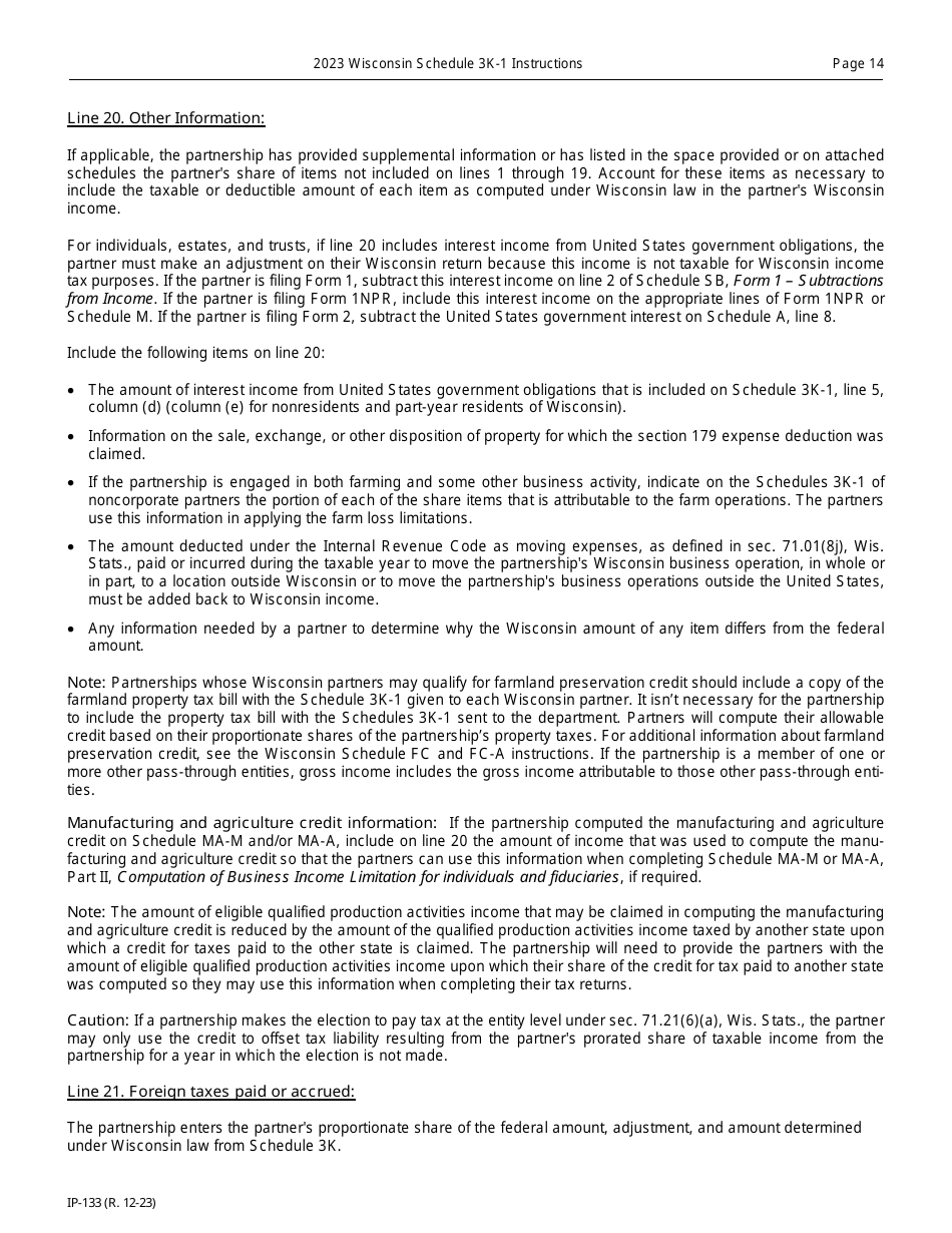 Instructions for Form IP-032 Schedule 3K-1 Partners Share of Income, Deductions, Credits, Etc. - Wisconsin, Page 14
