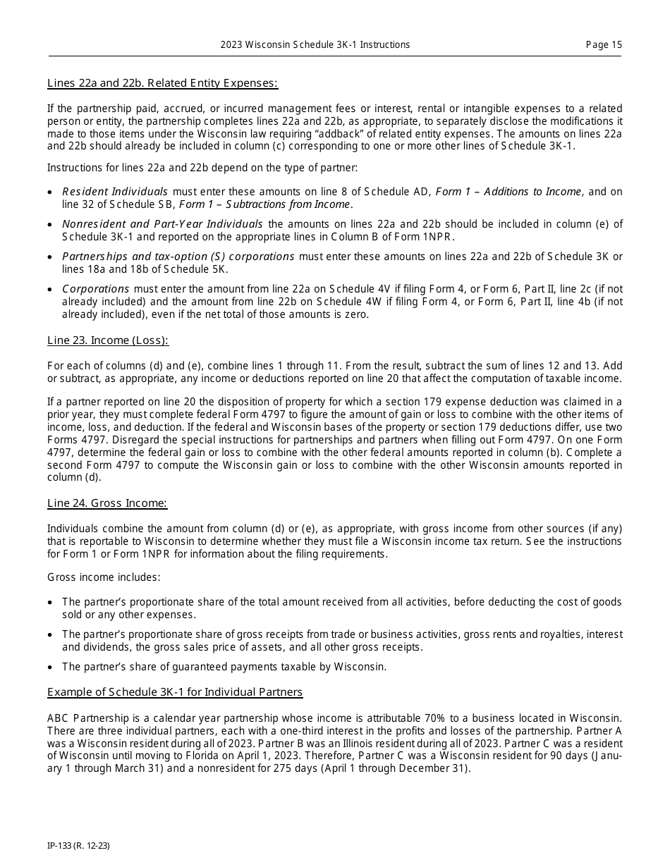 Instructions for Form IP-032 Schedule 3K-1 Partners Share of Income, Deductions, Credits, Etc. - Wisconsin, Page 15