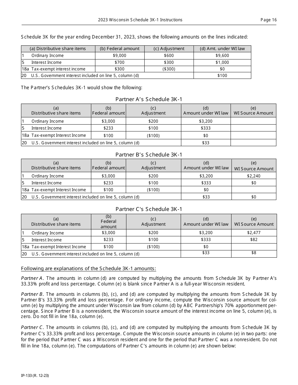 Instructions for Form IP-032 Schedule 3K-1 Partners Share of Income, Deductions, Credits, Etc. - Wisconsin, Page 16