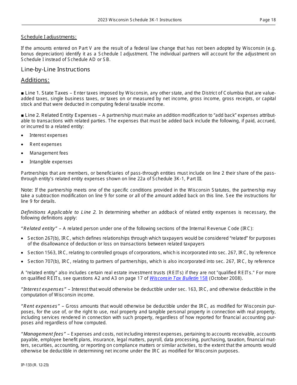 Instructions for Form IP-032 Schedule 3K-1 Partners Share of Income, Deductions, Credits, Etc. - Wisconsin, Page 18