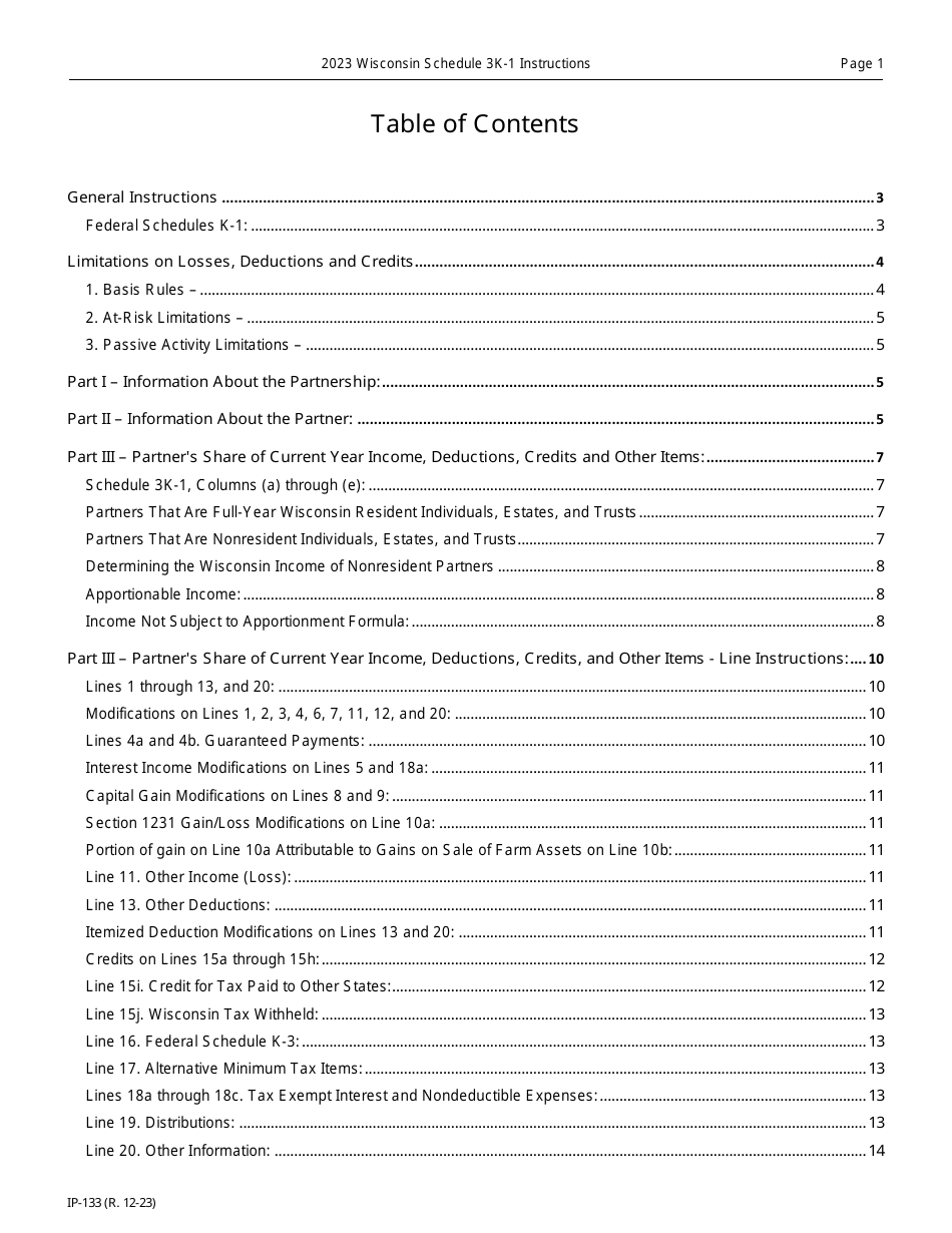 Instructions for Form IP-032 Schedule 3K-1 Partners Share of Income, Deductions, Credits, Etc. - Wisconsin, Page 1
