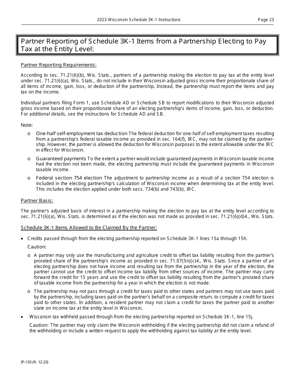 Instructions for Form IP-032 Schedule 3K-1 Partners Share of Income, Deductions, Credits, Etc. - Wisconsin, Page 23