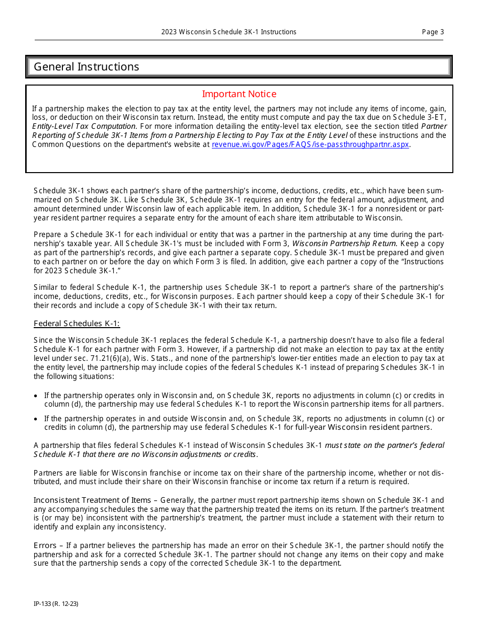 Instructions for Form IP-032 Schedule 3K-1 Partners Share of Income, Deductions, Credits, Etc. - Wisconsin, Page 3