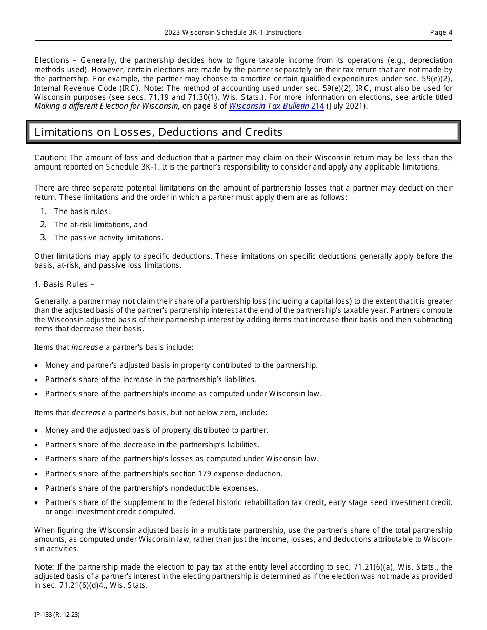 Instructions for Form IP-032 Schedule 3K-1 Partners Share of Income, Deductions, Credits, Etc. - Wisconsin, Page 4