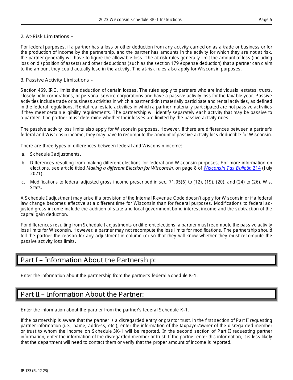 Instructions for Form IP-032 Schedule 3K-1 Partners Share of Income, Deductions, Credits, Etc. - Wisconsin, Page 5