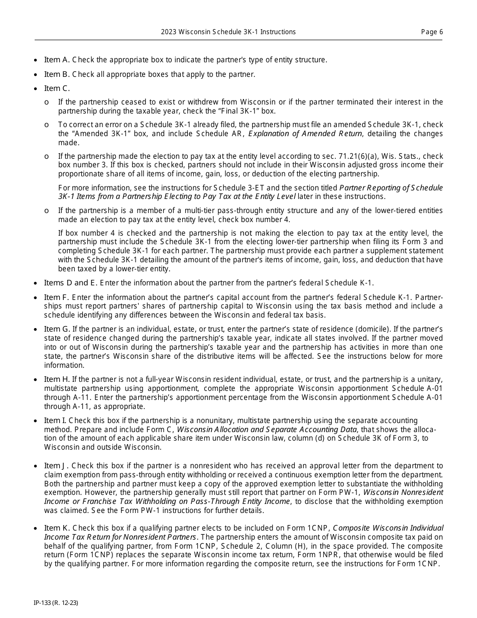 Instructions for Form IP-032 Schedule 3K-1 Partners Share of Income, Deductions, Credits, Etc. - Wisconsin, Page 6