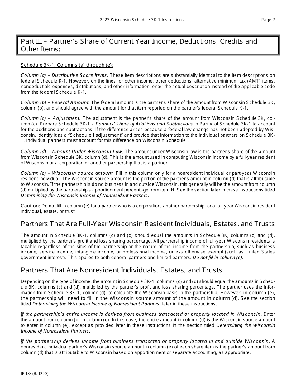 Instructions for Form IP-032 Schedule 3K-1 Partners Share of Income, Deductions, Credits, Etc. - Wisconsin, Page 7