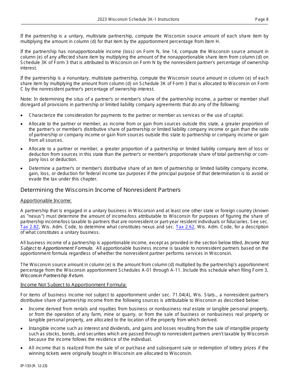 Instructions for Form IP-032 Schedule 3K-1 Partners Share of Income, Deductions, Credits, Etc. - Wisconsin, Page 8