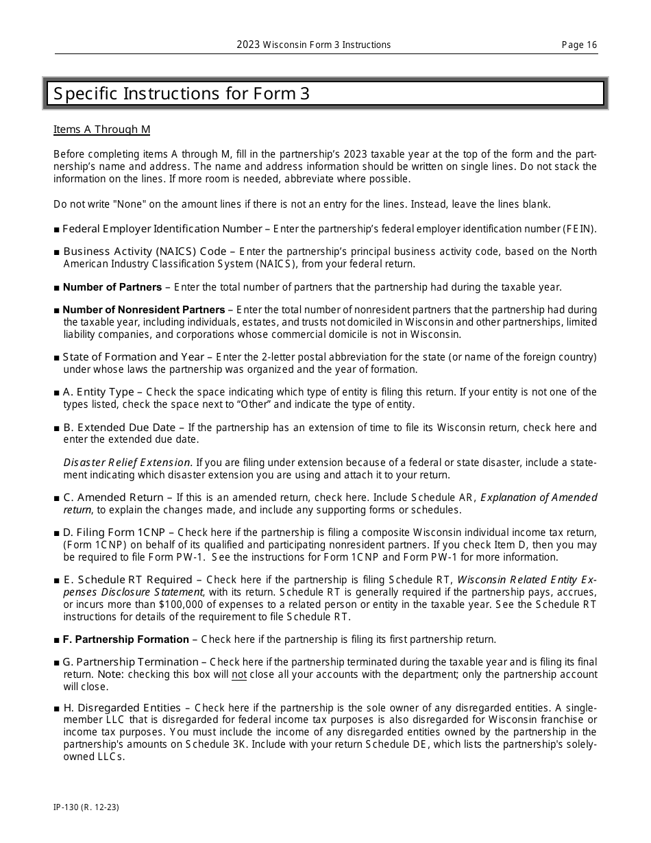 Instructions for Form 3, IP-030 Wisconsin Partnership Return - Wisconsin, Page 16