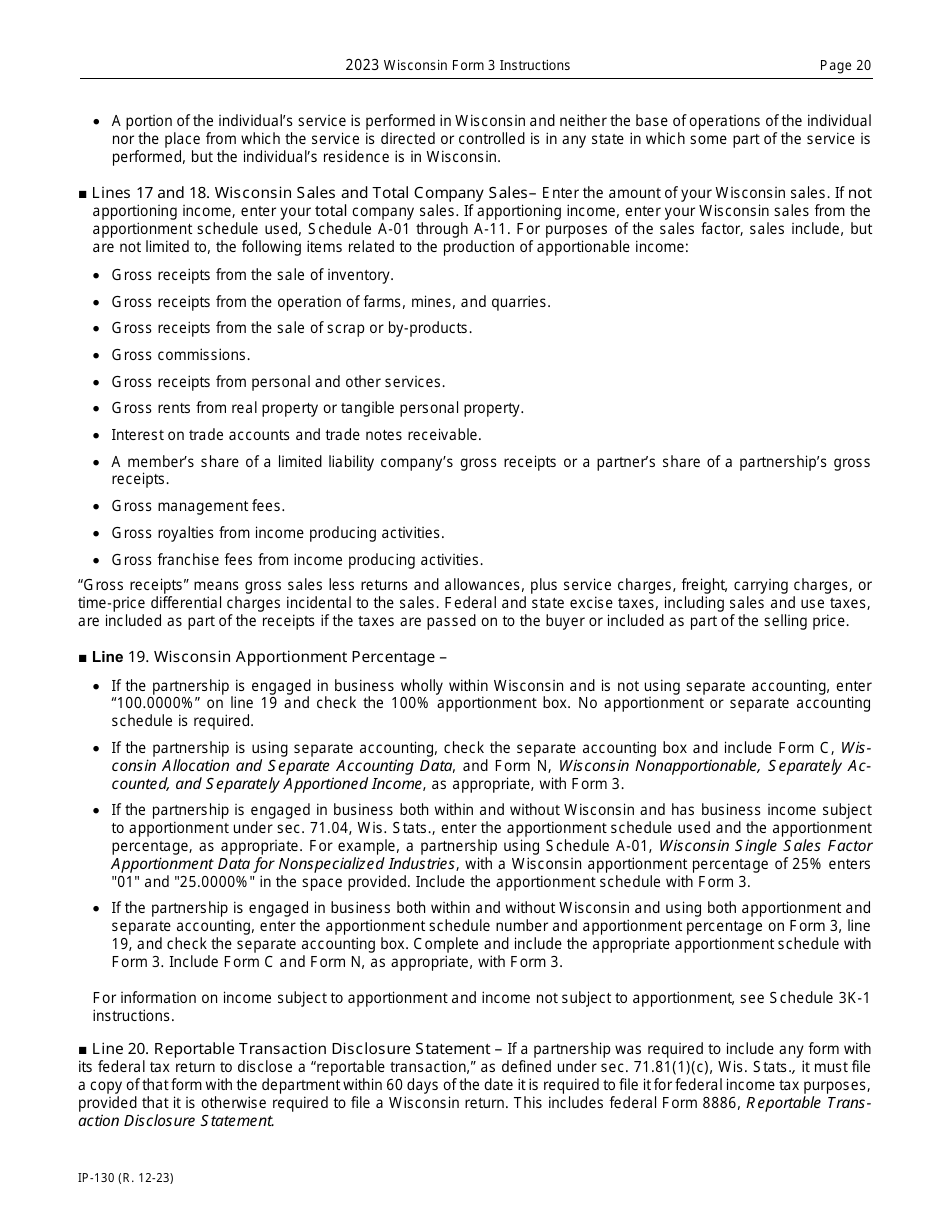 Instructions for Form 3, IP-030 Wisconsin Partnership Return - Wisconsin, Page 20