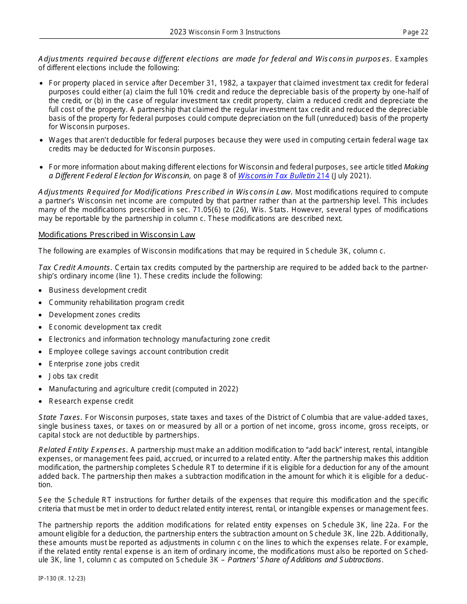 Instructions for Form 3, IP-030 Wisconsin Partnership Return - Wisconsin, Page 22