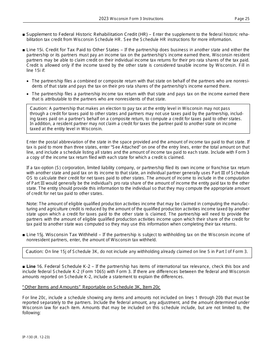 Instructions for Form 3, IP-030 Wisconsin Partnership Return - Wisconsin, Page 25