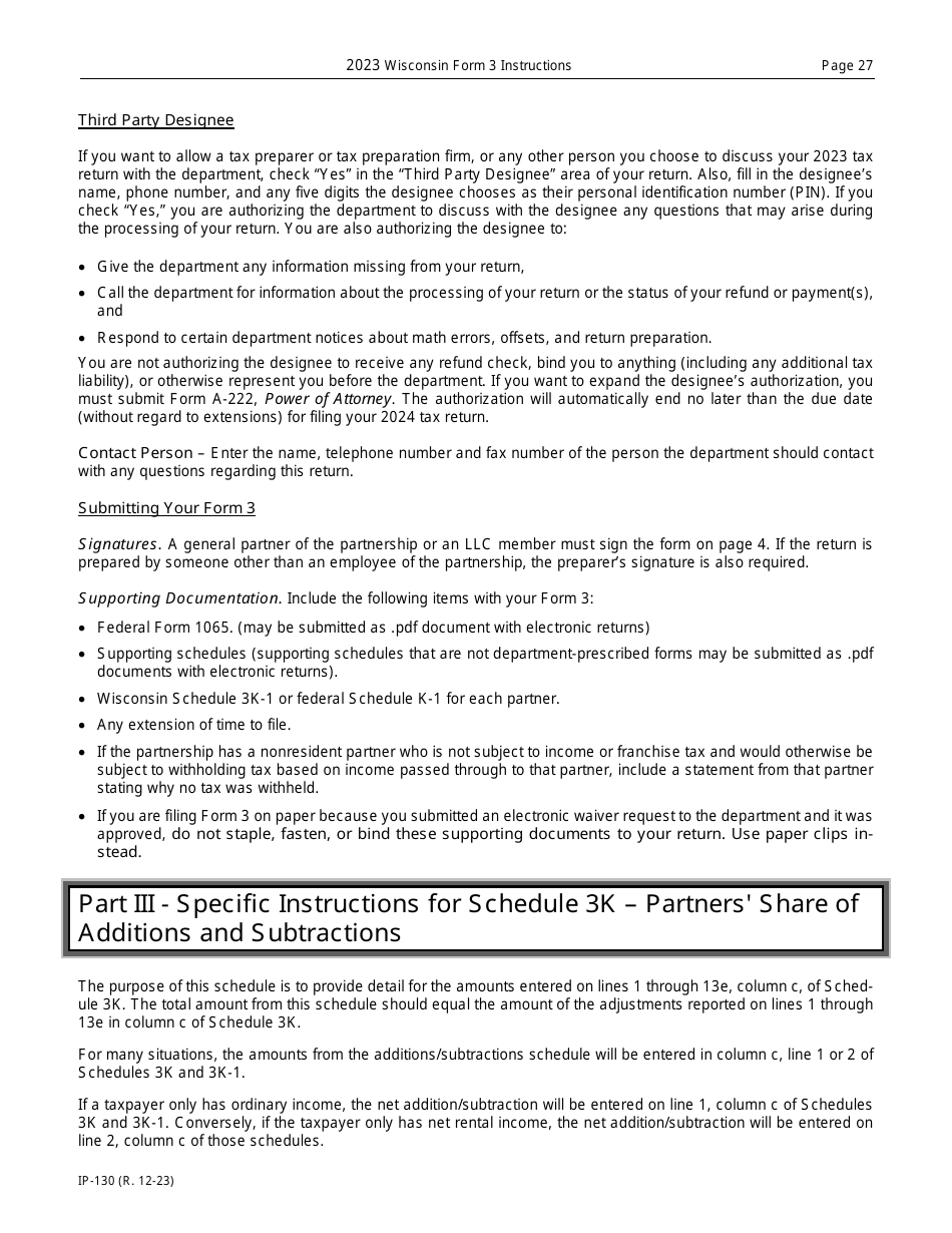 Instructions for Form 3, IP-030 Wisconsin Partnership Return - Wisconsin, Page 27