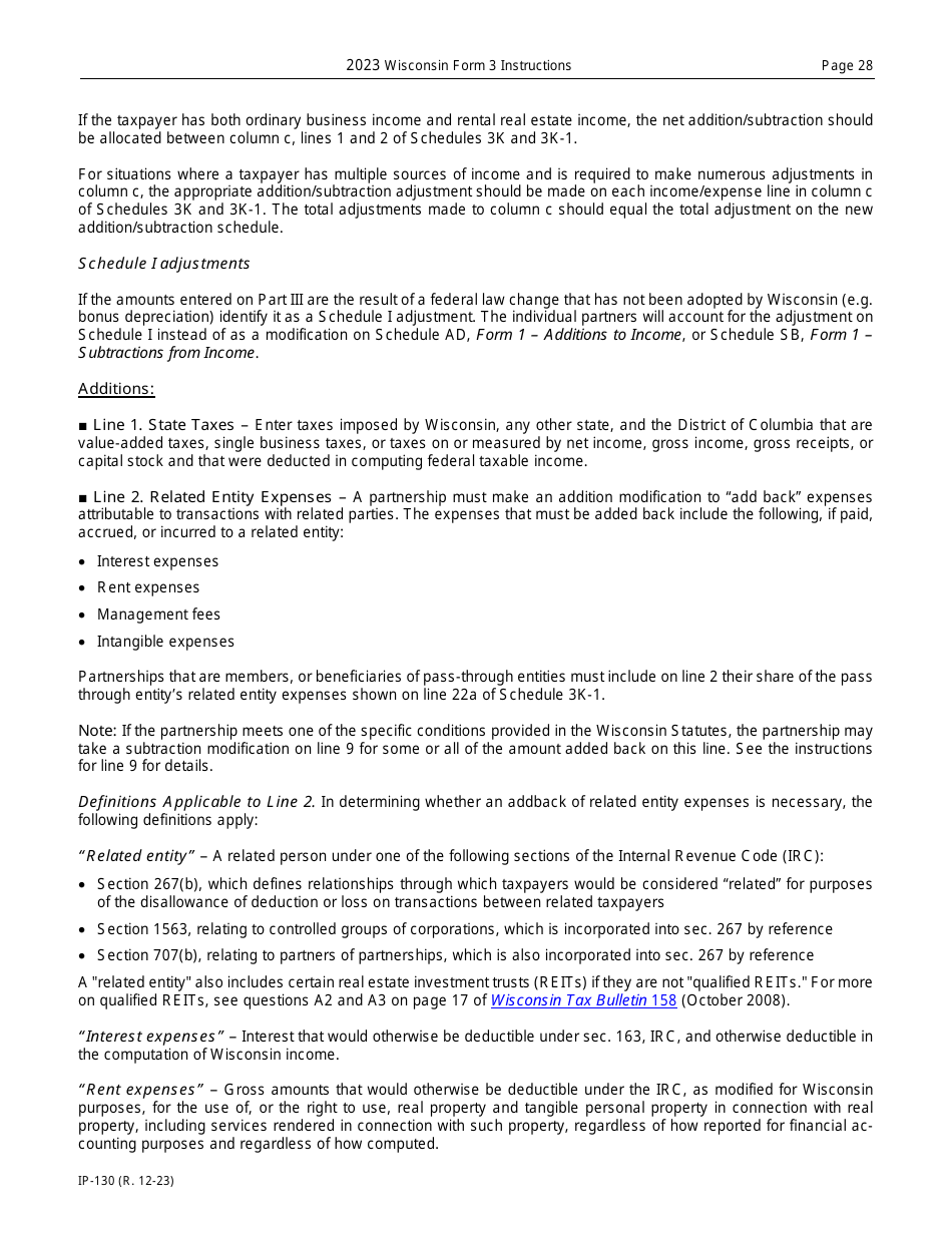 Instructions for Form 3, IP-030 Wisconsin Partnership Return - Wisconsin, Page 28