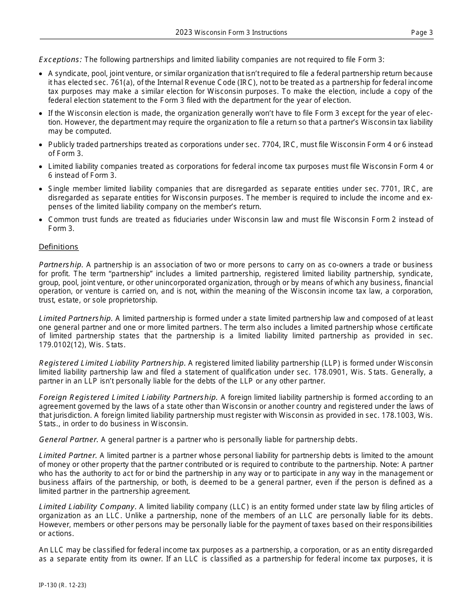 Instructions for Form 3, IP-030 Wisconsin Partnership Return - Wisconsin, Page 3