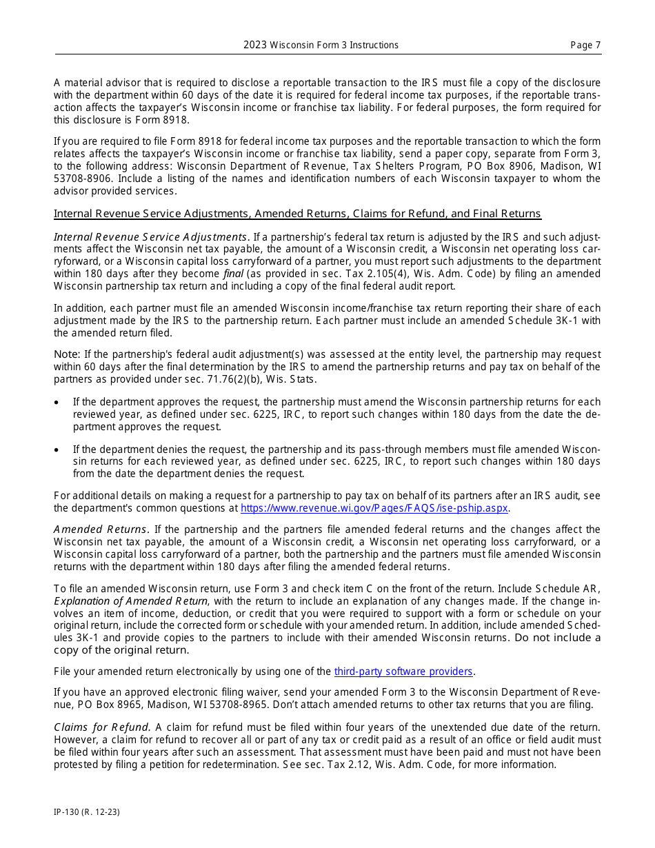 Instructions for Form 3, IP-030 Wisconsin Partnership Return - Wisconsin, Page 7