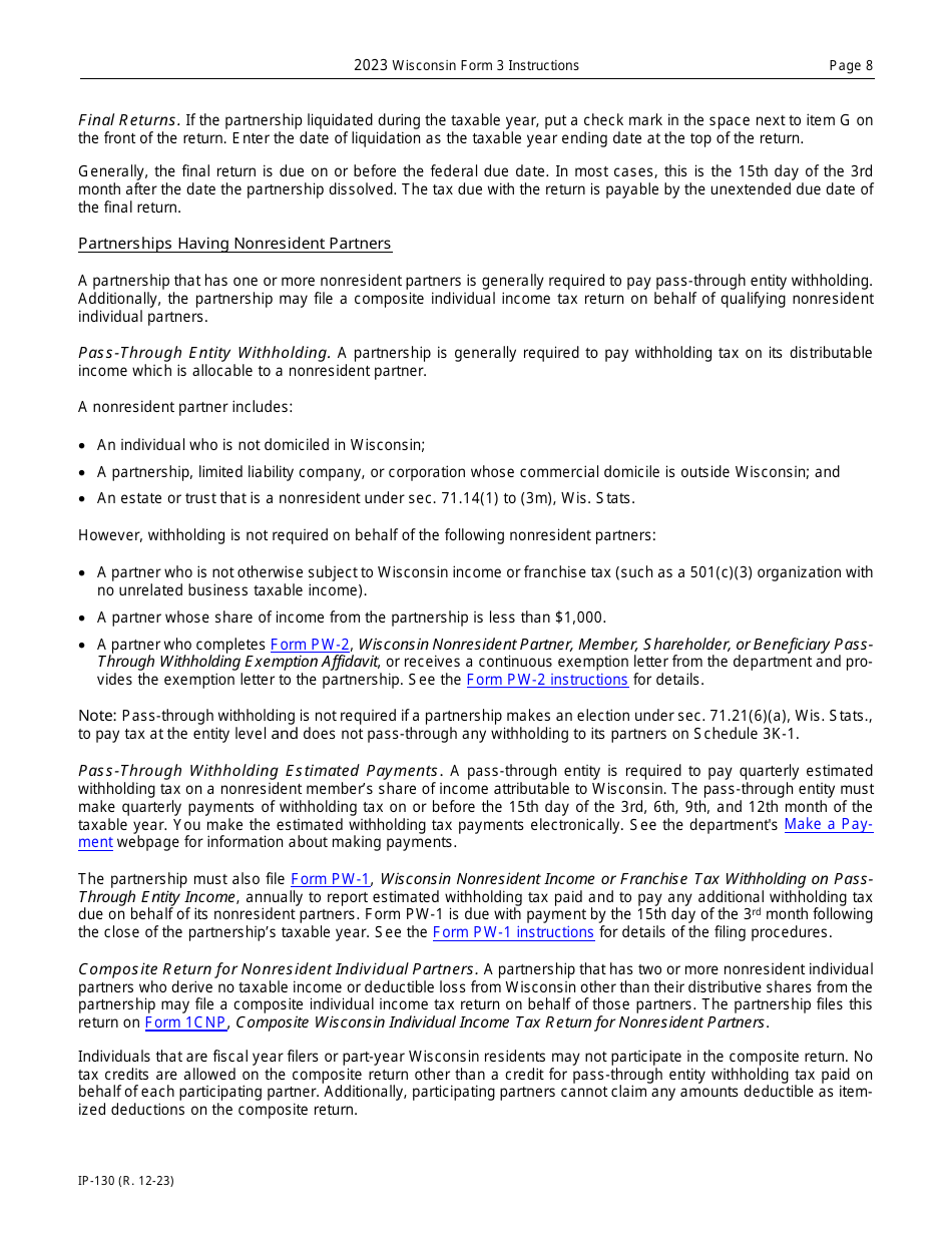 Instructions for Form 3, IP-030 Wisconsin Partnership Return - Wisconsin, Page 8