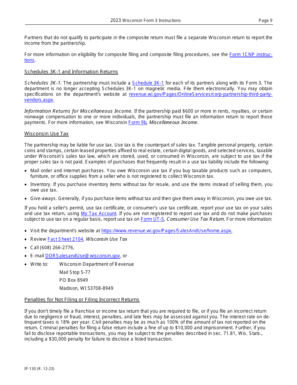Instructions for Form 3, IP-030 Wisconsin Partnership Return - Wisconsin, Page 9