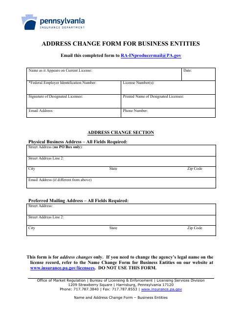 Address Change Form for Business Entities - Pennsylvania Download Pdf