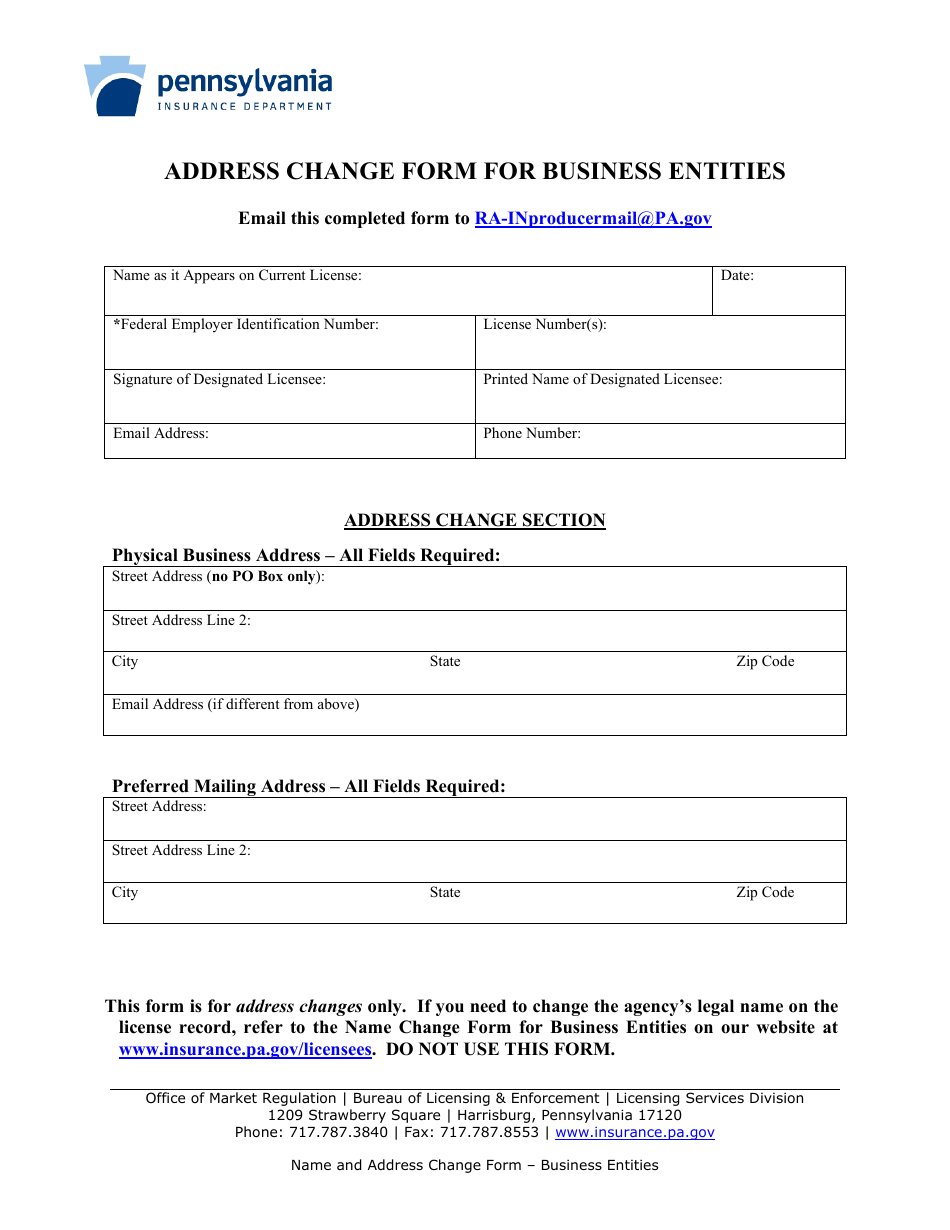 Address Change Form for Business Entities - Pennsylvania, Page 1