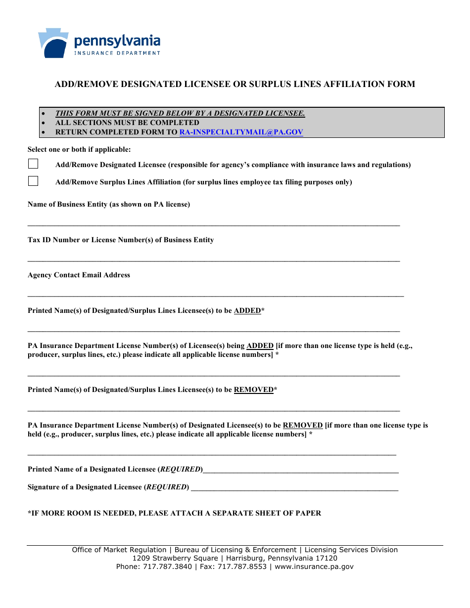 Add / Remove Designated Licensee or Surplus Lines Affiliation Form - Pennsylvania, Page 1