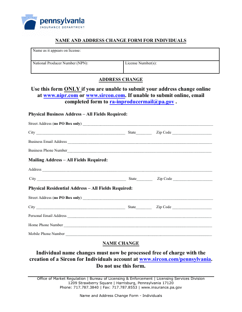 Name and Address Change Form for Individuals - Pennsylvania Download Pdf