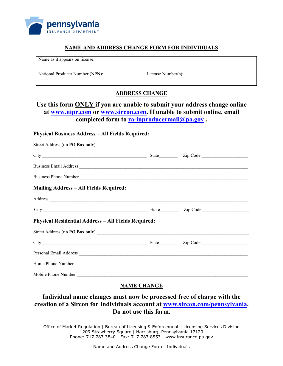Pennsylvania Name and Address Change Form for Individuals Download