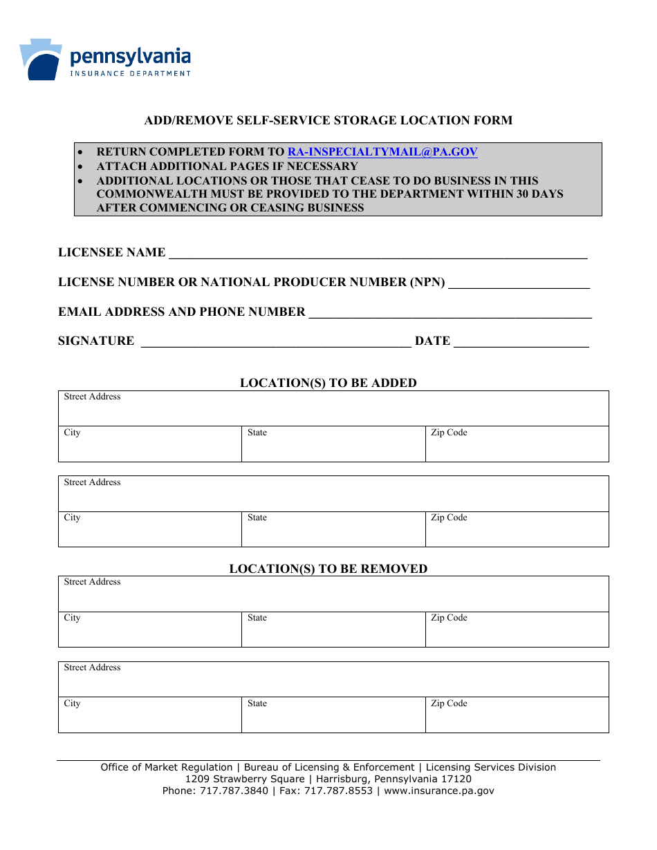 Add / Remove Self-service Storage Location Form - Pennsylvania, Page 1