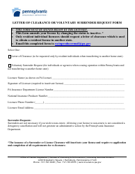 Document preview: Letter of Clearance or Voluntary Surrender Request Form - Pennsylvania