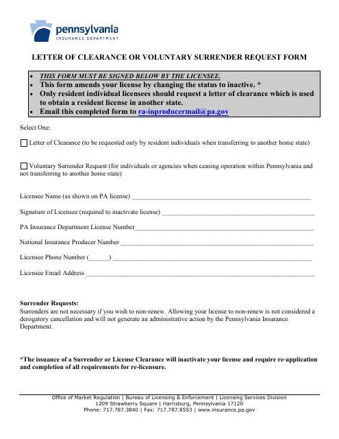 Letter of Clearance or Voluntary Surrender Request Form - Pennsylvania Download Pdf