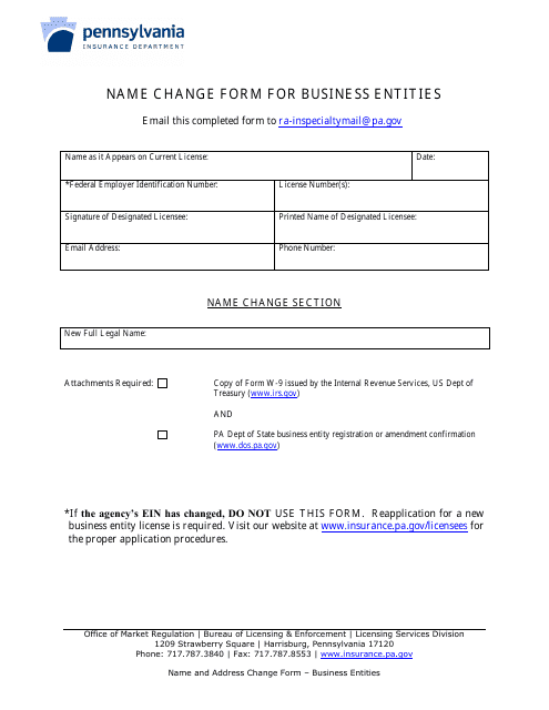 Name Change Form for Business Entities - Pennsylvania Download Pdf