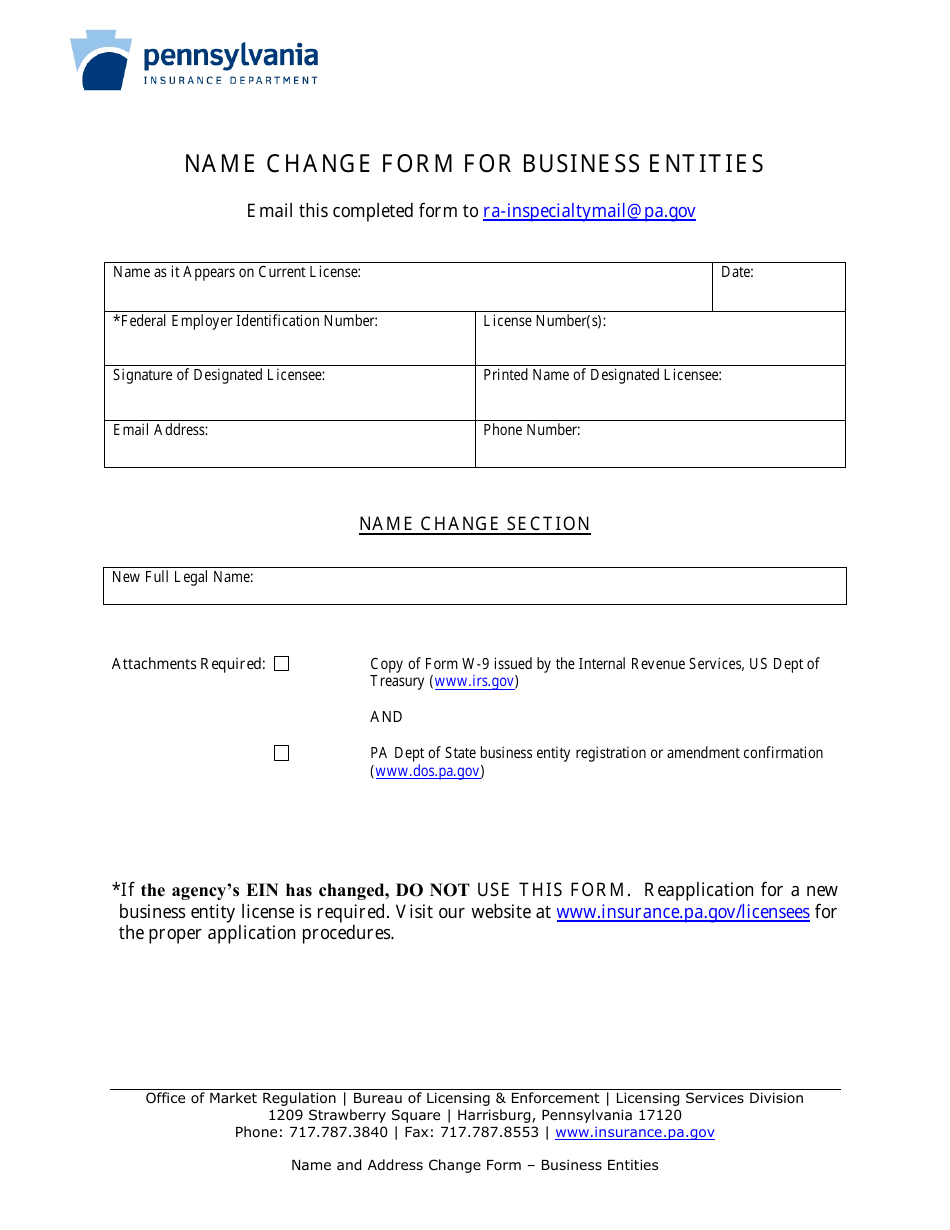 Name Change Form for Business Entities - Pennsylvania, Page 1