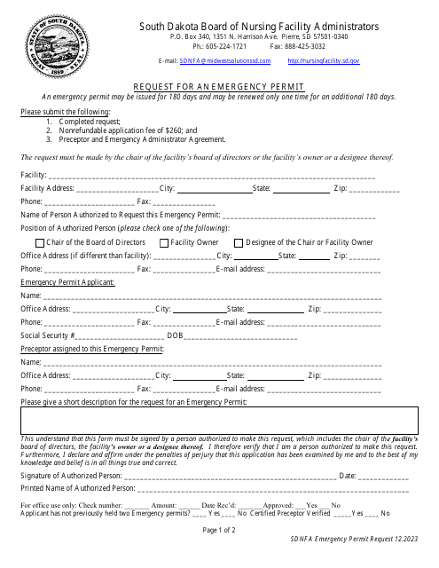 Request for an Emergency Permit - South Dakota Download Pdf