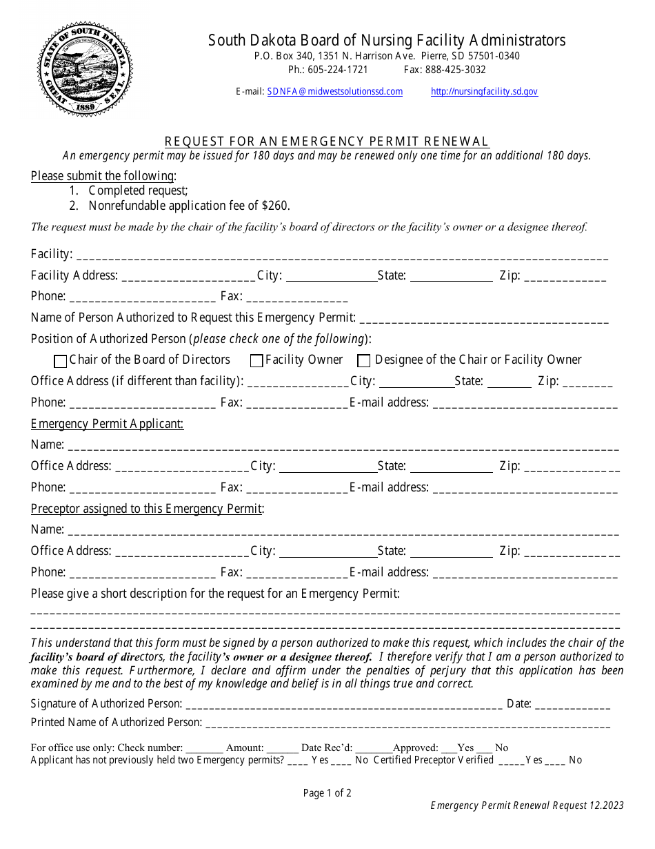 Request for an Emergency Permit Renewal - South Dakota, Page 1