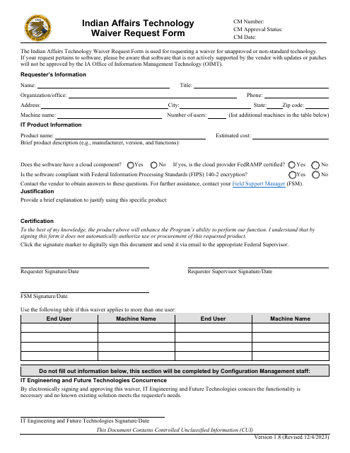 Indian Affairs Technology Waiver Request Form Download Pdf