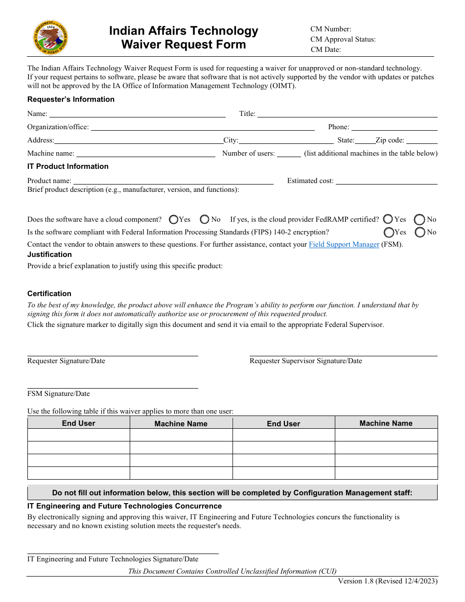 Indian Affairs Technology Waiver Request Form, Page 1