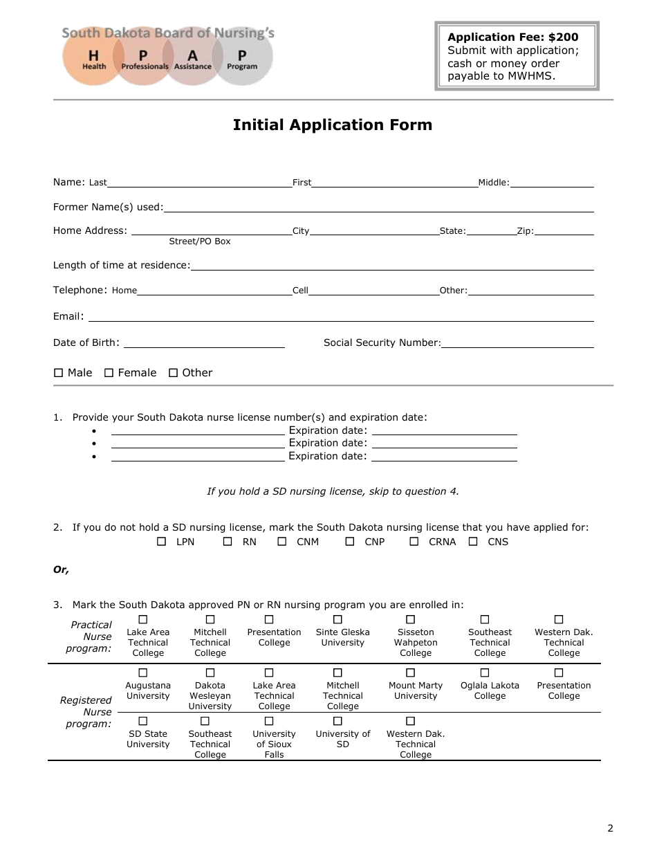 Initial Application - Health Professionals Assistance Program (Hpap) - South Dakota, Page 2